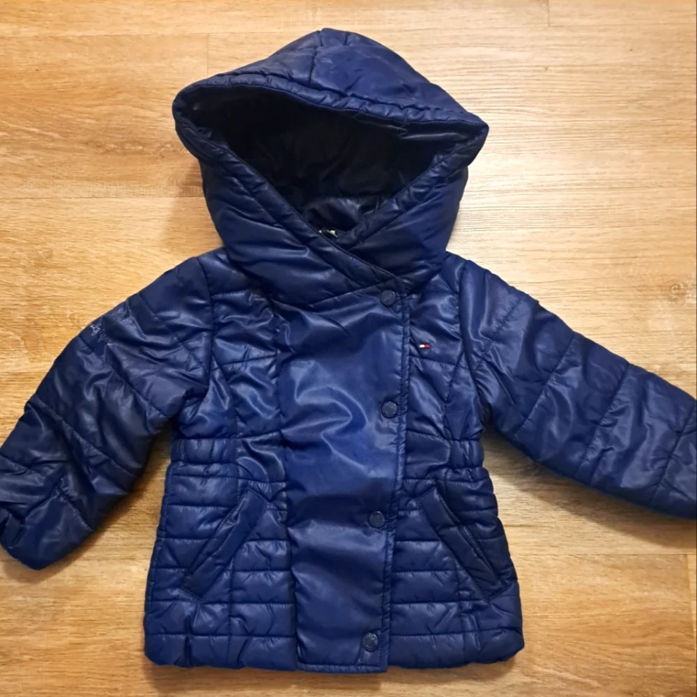 Tommy Hilfiger Navy Blue Puffer Hooded Jacket Button Snaps Zipper Toddler 2T